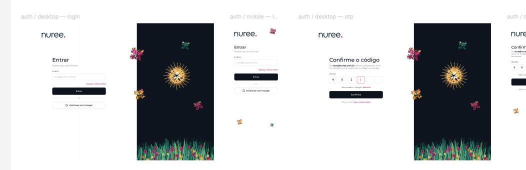 Telas de entrada da Nuree em desktop e mobile, com login e confirmação por código
